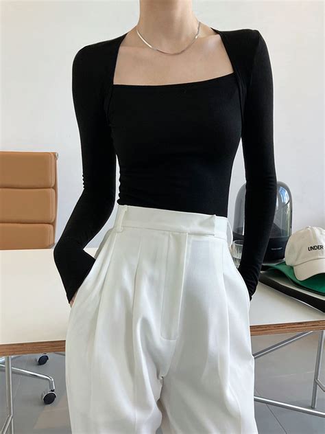 Square Neck Solid Long Sleeve Shirt | Casual outfits, Long sleeve ...