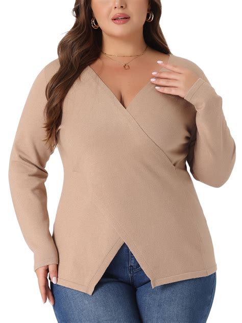GRACE & GRANDEUR Women's Plus Size Knit Deep V Neck Wrap Curvy Pullover ...