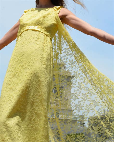 Vintage 1960s Empire Waist Lace Column Dress With Watteau Cape Back For Sale at 1stDibs