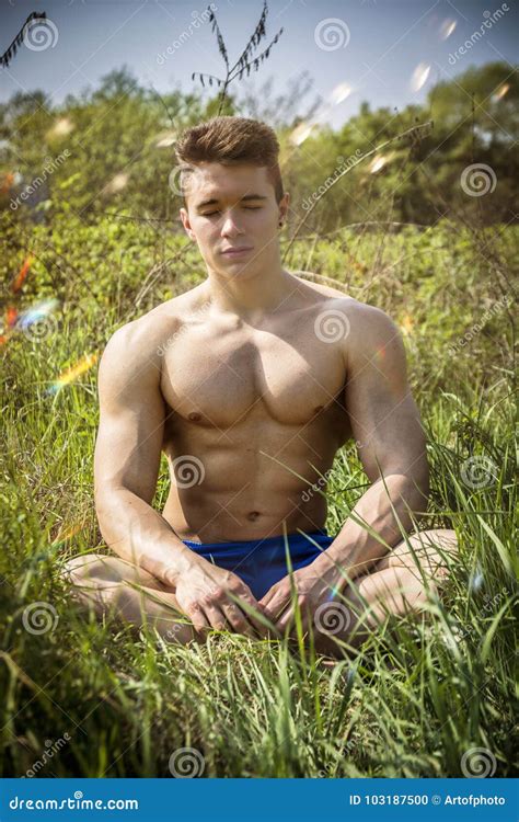 Young Muscular Shirtless Hunk Man Outdoor in Nature Stock Photo - Image ...
