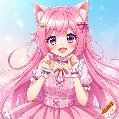 Pixel art anime cat girl with blue and pink hair, cat ears, and tail in ...