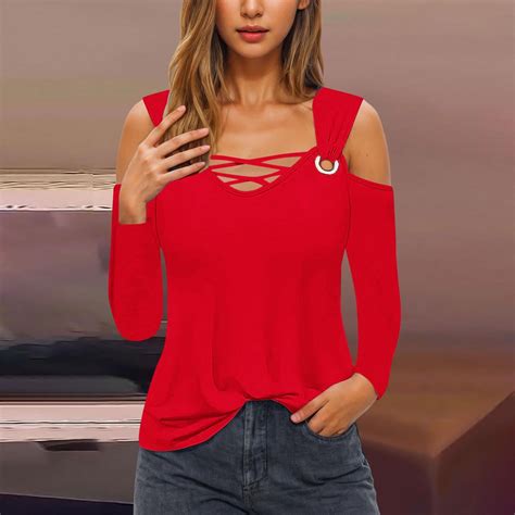 Blmnix Dressy Tops for Women Red Blouse Solid Cut Out Long Sleeve V ...