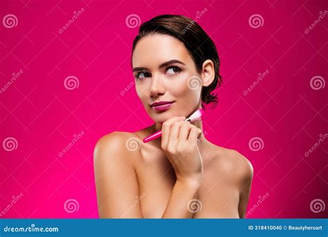 Photo Portrait of Attractive Young Woman Apply Brush Face Empty Space ...