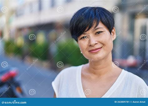 Middle Age Chinese Woman Smiling Confident Standing at Street Stock ...