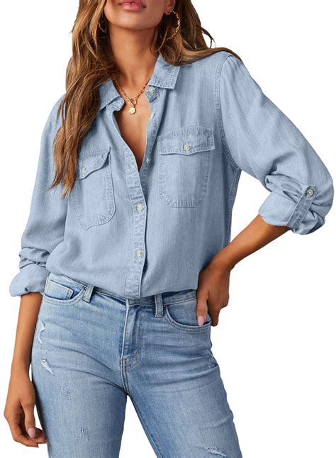 Chase Secret Denim Shirt for Women V Neck Long Sleeve Button Down ...