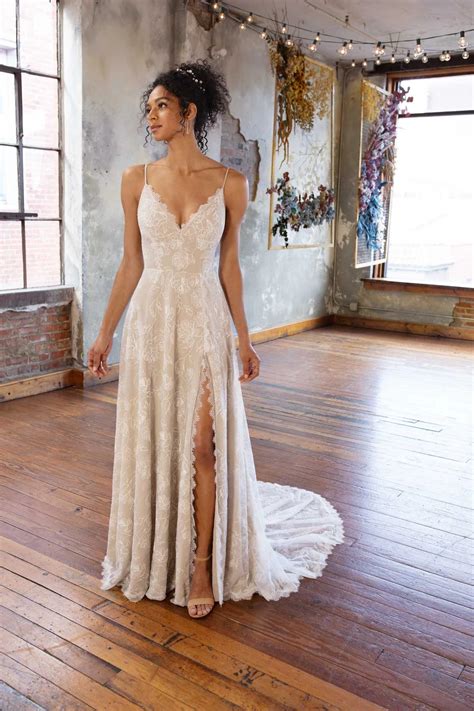 Romantic Boho Lace A-Line Slip Wedding Dress with Spaghetti Straps