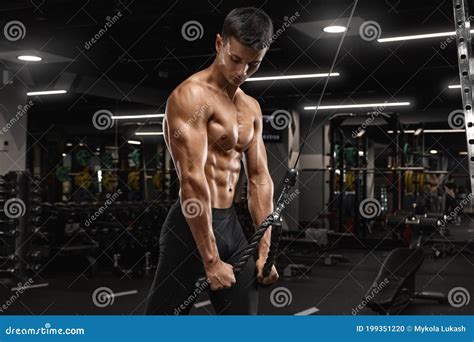 Muscular Man Working Out in Gym Doing Exercises for Triceps, Strong ...