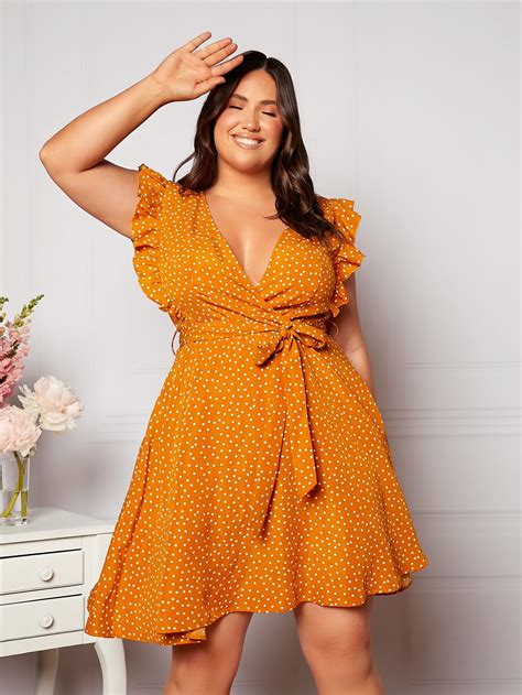 SHEIN VCAY Plus Polka Dot Ruffle Trim Belted Dress | Plus size short ...