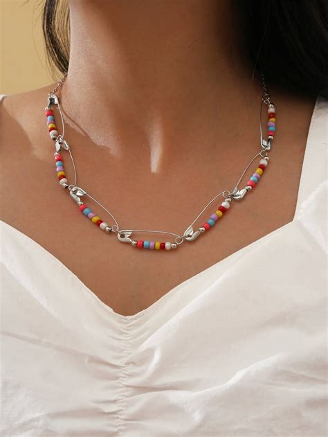Bead Decor Safety Pin Design Necklace in 2025 | Diy choker necklace ...