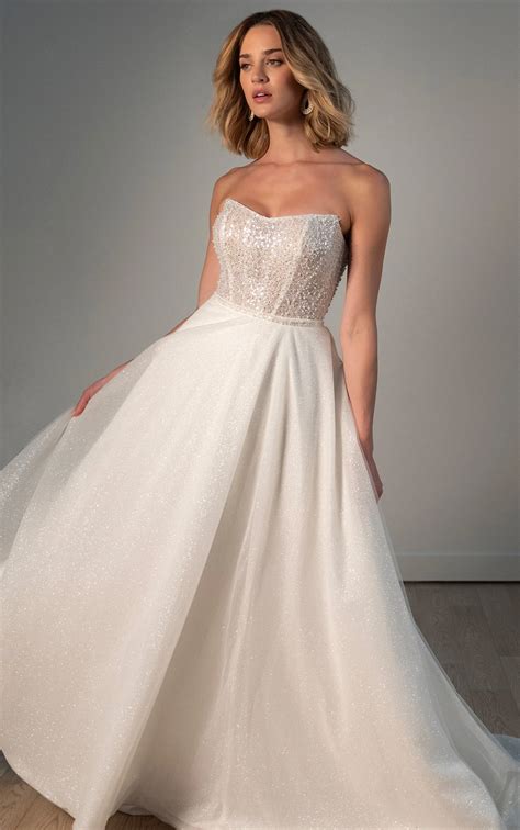 Shimmering A-Line Strapless Wedding Gown with Detachable Overskirt