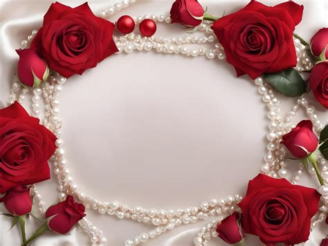 Red roses and white pearls gently placed on a luxurious red velvet ...