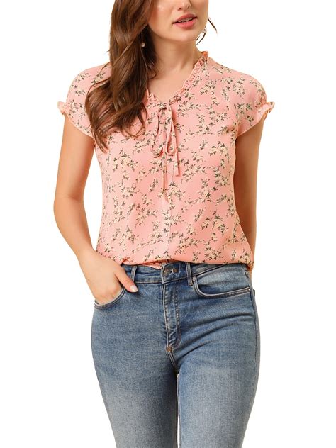 Allegra K Women's V Neck Short Sleeves Ruffled Trim Ditsy Floral ...