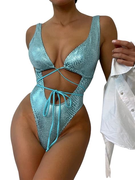 UCadego Women's Metallic Snakeskin One Piece Swimsuits Rave Outfit ...