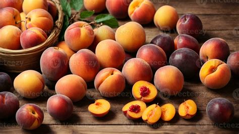 Fresh fruits. Apricot, peach, plums, nectarines. On a wooden background ...