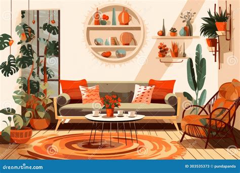 The Living Room in the House with Large Windows and Decorated in Boho ...