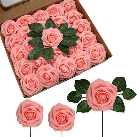 Morttic Artificial Flowers 25pcs Real Touch Fake Rose with Stems Foam ...