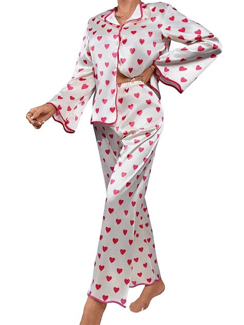 Women Valentine's Day Pajamas Set Long Sleeve Love Printed Satin PJ ...