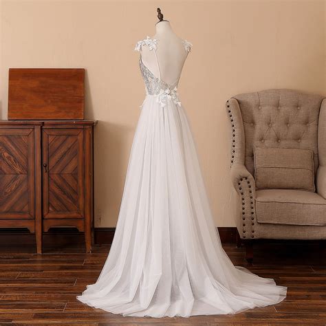 Deep V-neck Prom Dress Long Split Front Wedding Dress White - Etsy UK