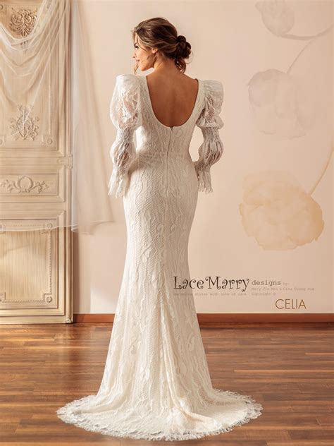 CELIA / Unique Lace Wedding Dress with Long Puff Sleeves - LaceMarry