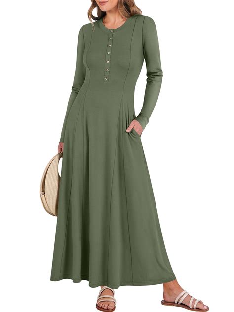 Luniro Women's Long Sleeve Long Dresses Casual Button Fit Flare A-Line ...