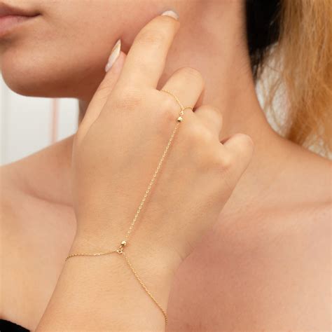 14k 18k Solid Gold Hand Chain Bracelet, Dainty Minimalist Beaded Ball ...