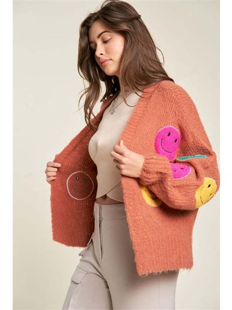 Davi+Dani Naomi Smile Long Bell Sleeve Open Knit Cardigan - Rust Orange ...