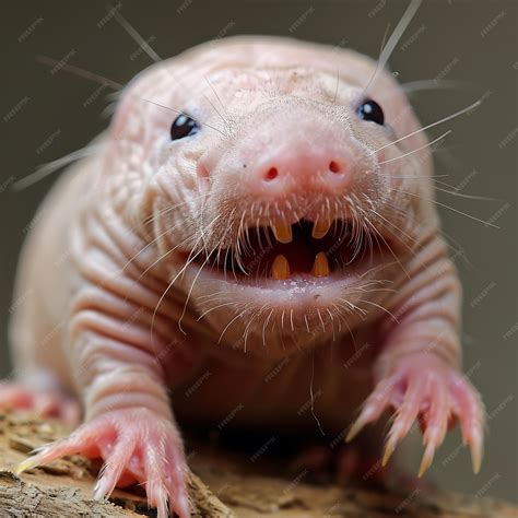 Closeup portrait of a naked mole rat with its mouth open and showing ...