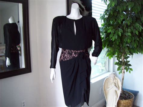 Black Beaded Cocktail Dress Black Nude Rhinestones Lacy Waist Peek-a-boo Back and Bodice Draped ...