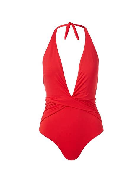 Melissa Odabash Tahiti Red Ruched Halterneck Swimsuit | Official Website