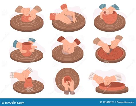 Set Craftsman Working on Pottery Wheel To Create a Handcrafted Pot ...