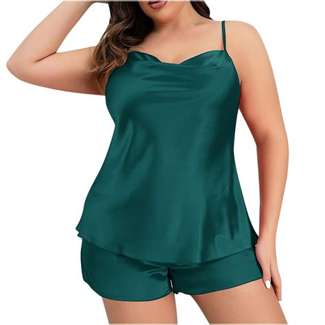 WREESH Womens Slip Dress Plus Size Satin Pajama Set Solid Color Strappy ...