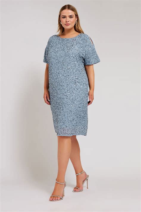 LUXE Plus Size Light Blue Sequin Hand Embellished Cape Dress | Yours ...