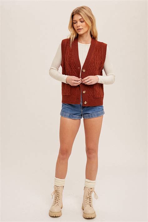 Rust Cable Knit Oversized Sweater Vest With Pockets - PinkBlush