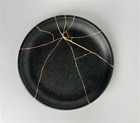 Kintsugi Black Plate, Broken Japanese Ceramic Repaired With Artistic ...