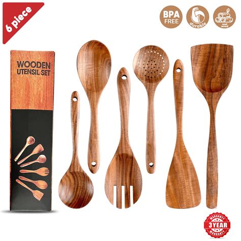 Kayco Outlet Wooden Kitchen Utensil Set with Spatula Fork Serving Spoon ...