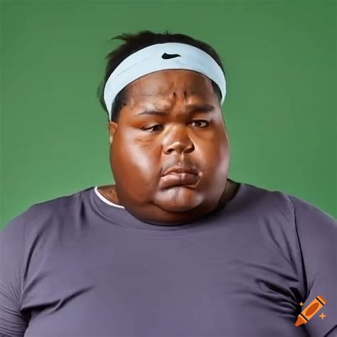 Fat black man wearing roland garros tennis headband; serious; isolated on green background