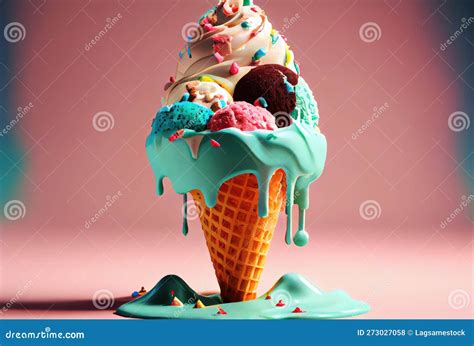 Melting Ice Cream Cone with Sweet Toppings on Minimal Studio Background ...
