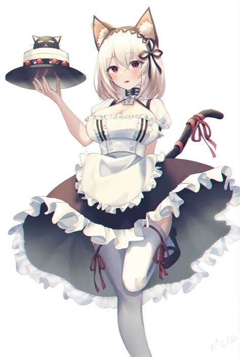 cat girl, red eyes, blonde, anime, anime girls, maid, maid outfit, cake ...