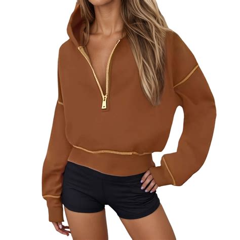 GPOECD Oversize Women's Cropped Half Zip Hoodie Long Sleeve Winter ...