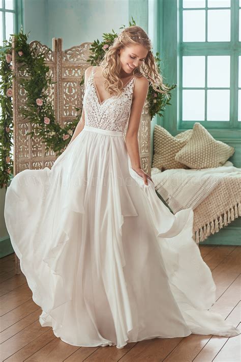 F201007 Illusion Bodice , V-neck Lace & Chiffon Wedding Dress