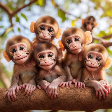 Five Monkeys Sitting on a Tree Branch