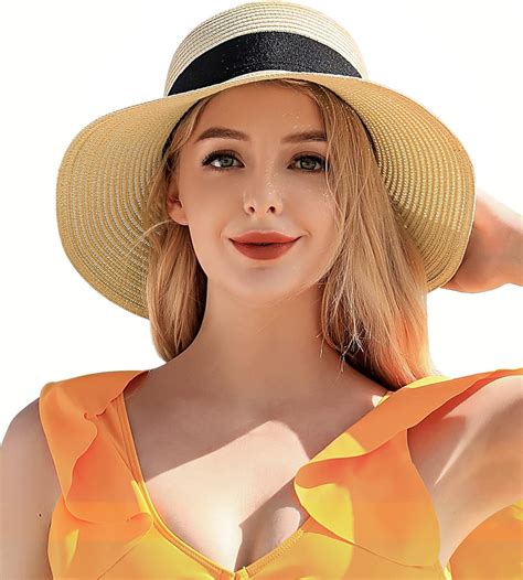 Beach Hats for Women, Wide Brim Sun Straw Hat for Women UPF 50+ UV Sun ...