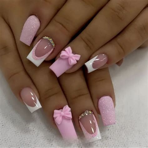 Pink press on nails | Simple nails, Bow nail designs, Stylish nails