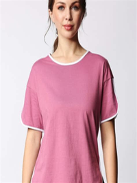 Buy Bewakoof Women Pink Solid T Shirt With Contrast Piping Detail ...