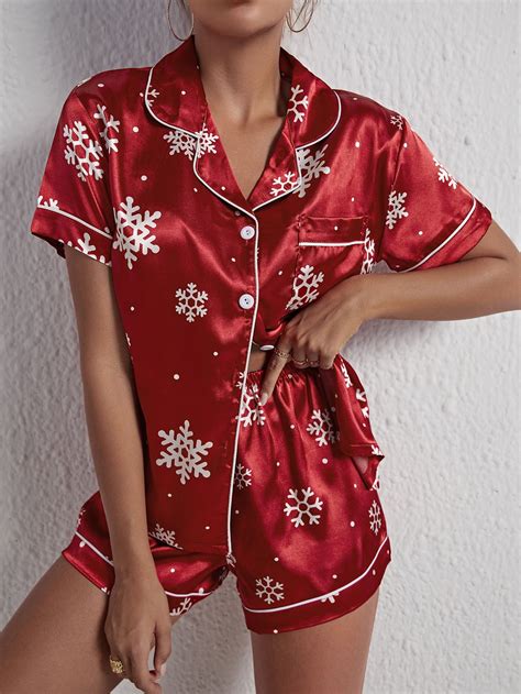 Christmas Pattern Patch Pocket Tee & Shorts Satin PJ Set | Womens ...