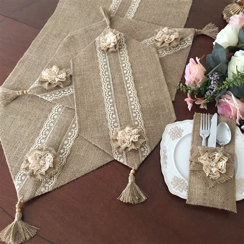 Burlap Table Runner with Floral Embellishments
