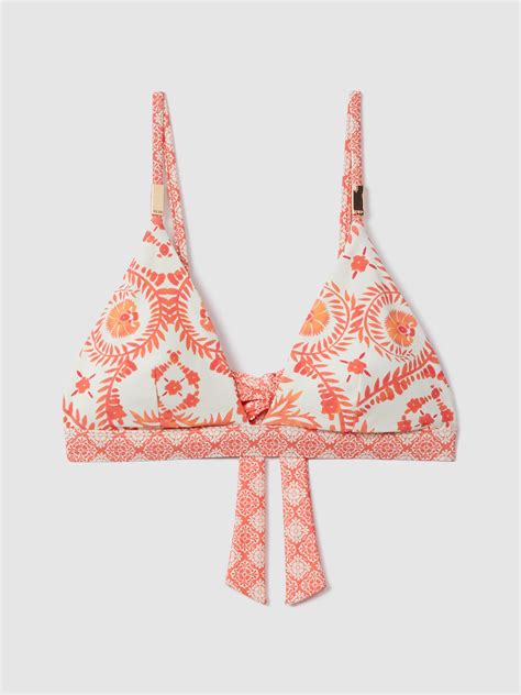 Reiss Printed Tie Back Bikini Top in Cream/Coral - REISS