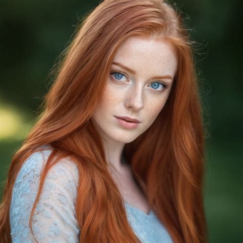 redhead woman with long red hair and blue eyes posin...