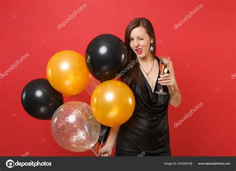 Sexy Woman Black Dress Celebrating Blinking Licking Lips Holding Glass Stock Photo by ...