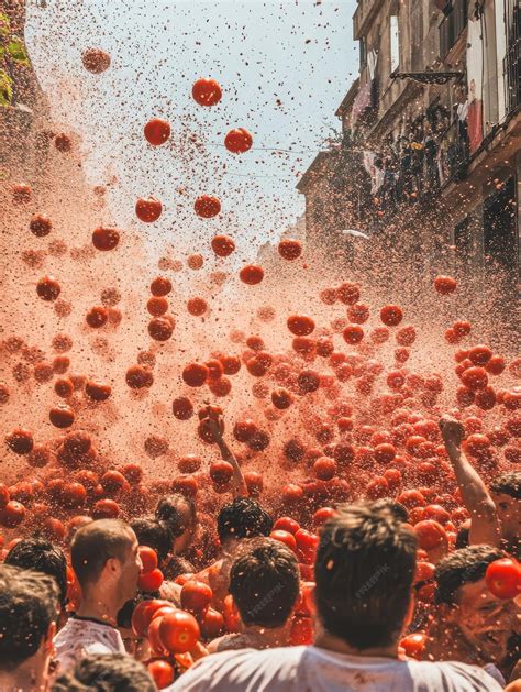 La Tomatina festival with crowds throwing tomatoes in Spanish streets ...